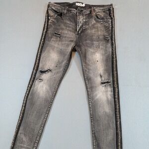 PREME Mens Jeans Distressed Size 38x34 Black Rhinestone Side Stripe Paint Splat